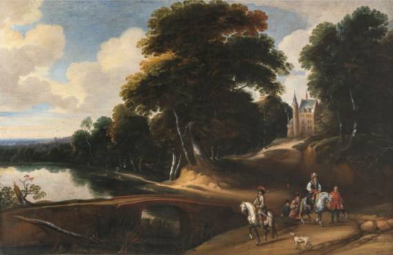 Elegant Figures Riding in a River Landscape 