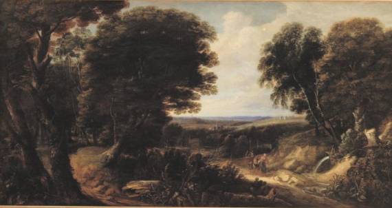 An Extensive Wooded Landscape with Figures, a Castle and a River in the Distance