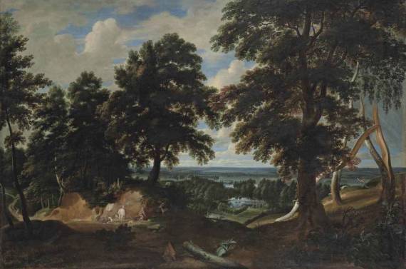 An Extensive Wooded Landscape, with the Conversion of Saint Hubert in the Foreground