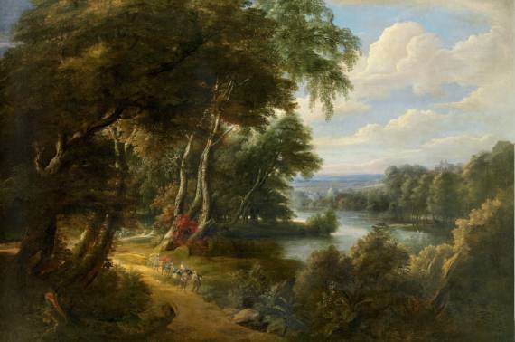 A Wooded Landscape in the Foret de Soignes with a Lake and Travellers