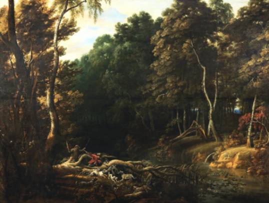 A Wooded Landscape with a Boar Hunt 