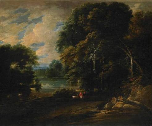 Forest and Lake with Two Figures and Swans