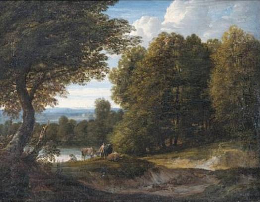 A Wooded Landscape with a Drover and his Cattle beside a River