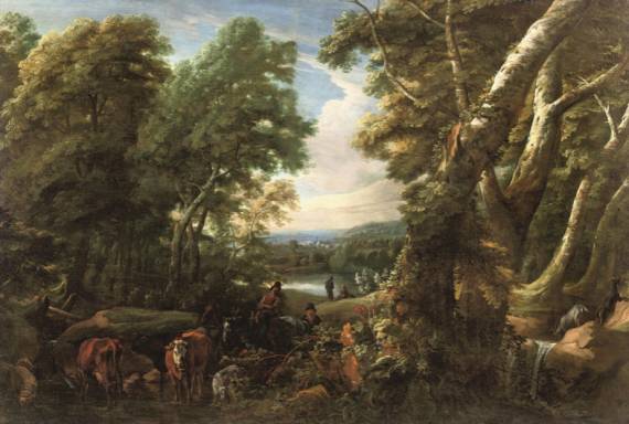 A Wooded Landscape with Shepherds and Cattle Resting near a Lake