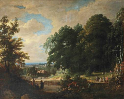 A Forest Landscape with Figures Making Music 