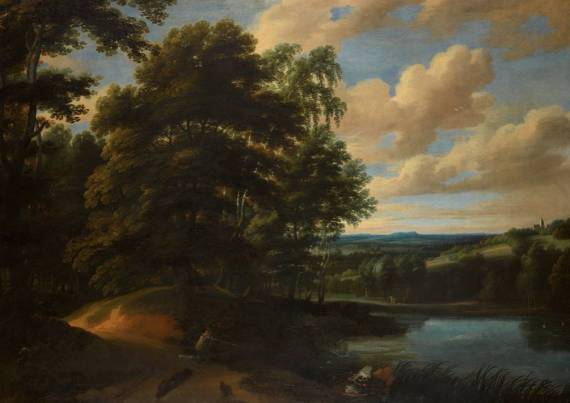 Wooded River Landscape with Hunters