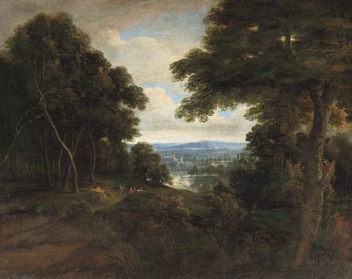 An Extensive Wooded Landscape with Travellers on a Path