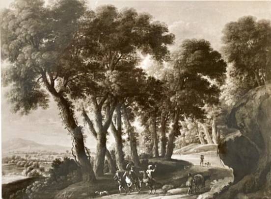 Landscape with High Trees and a Lady and a Gentleman Falcon Hunting