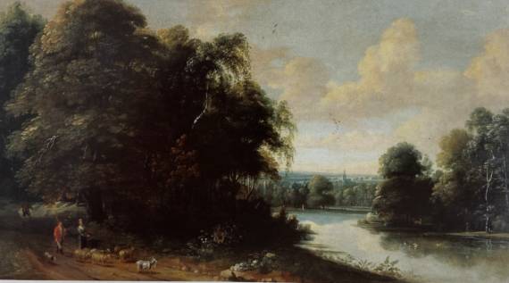 An Extensive River Landscape with Shepherds and Sheep on a Path