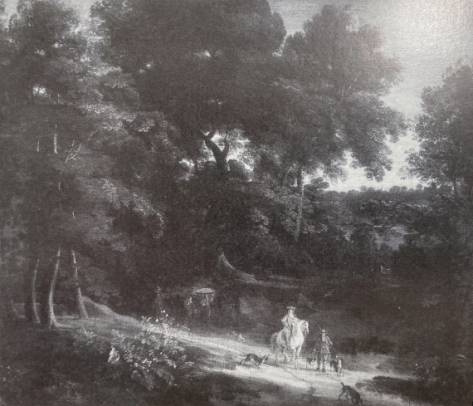 An Extensive Wooded Landscape with Huntsmen on a Path