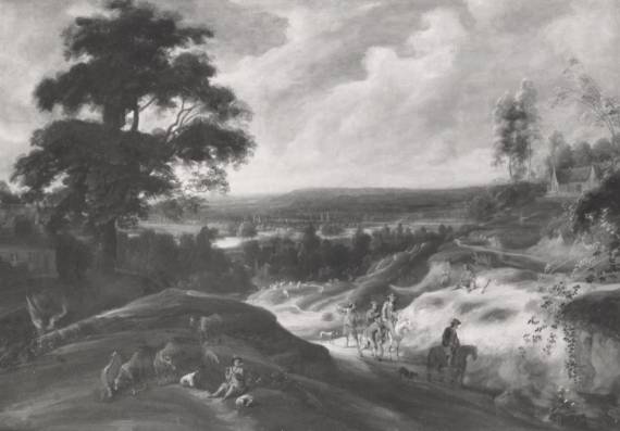 An Extensive Wooded Landscape with Travellers on a Path