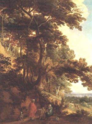 An Extensive Wooded Landscape with a Peasant Family Resting on a Path