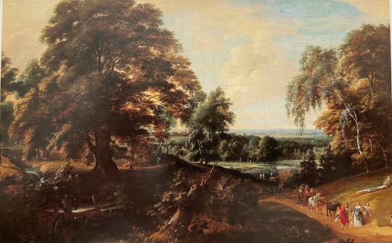 A Wooded Landscape with a Wagon and Elegant Figures