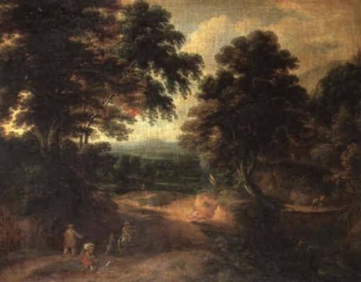 An Extensive Landsape with travellers on a Wooded Path