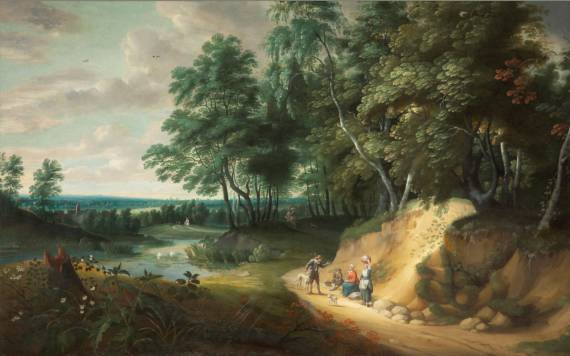 An Extensive Wooded Landscape with Figures Conversing on a Path