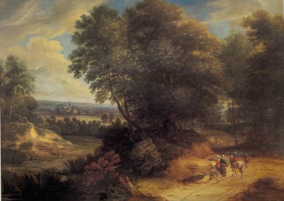 A Wooded Landscape with a Traveller Talking to Peasants Women