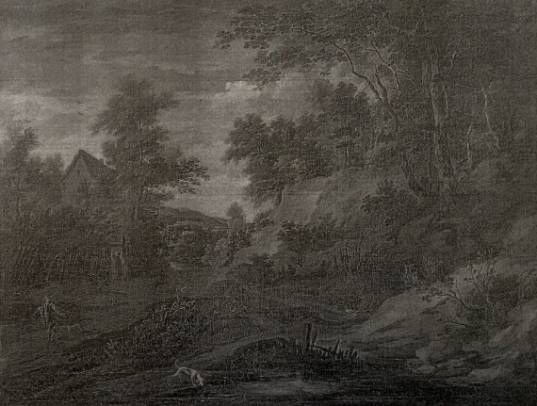 Landscape with a Old Lady in Front of Her House, a Hunter and His Dogs