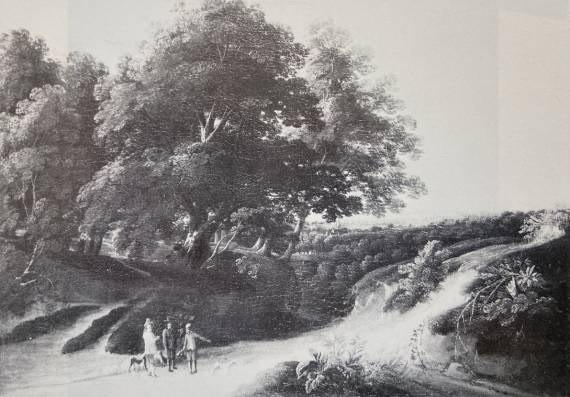 Three Men Conversing on a Path at a Forest Edge