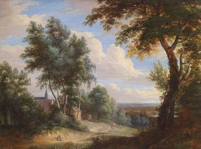 Hilly Landscape with a Village Encircled by Trees with a Distant View