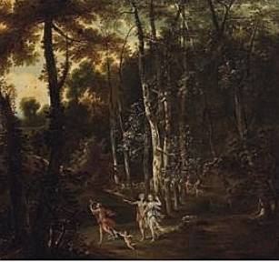 A Wooded Landscape with Meleager and Atalanta Leading the Hunt for the Caledonian Boar