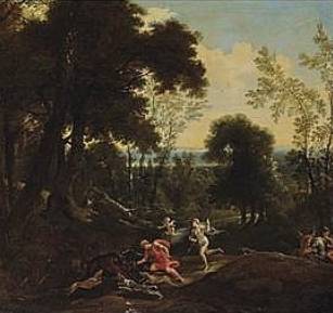 A Wooded Landscape with Meleager Dealing the Death Blow to the Boar, Atalanta Beside Him