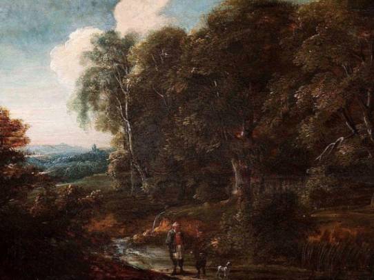 Two Figures with a Dog by a Forest Stream