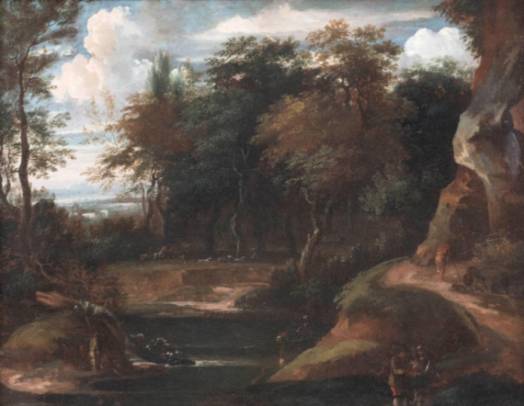 Wooded Landscape with a River Valley, Rocks, Hunters and Travellers