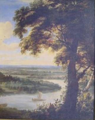 Extensive River Landscape with Barges and a Village beyond