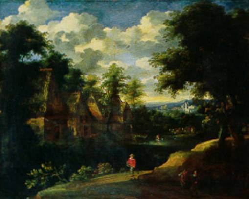 Wooded Landscape with Figures and Flock near a Village on the Water Edge