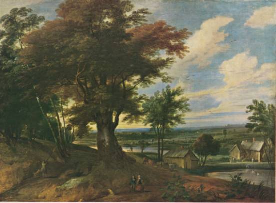 Extensive Landscape with a Sportsman and other Figures at the Margin of a Wood