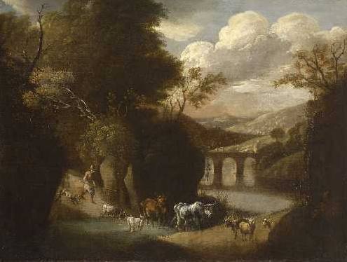 Shepherd and Flock in a River Landscape