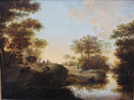 Landscape with Hunters and a Coach by a River