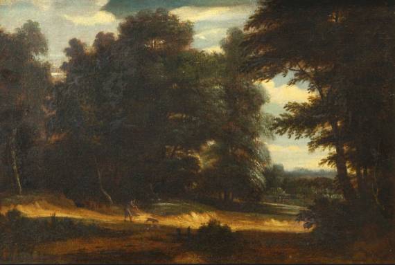 A Wooded Landscape with a Sportsman and his Dog on a Sandy Road 