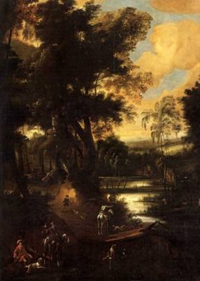 An Elegant Hunting Party on a Forest Path with a Pond in the Background