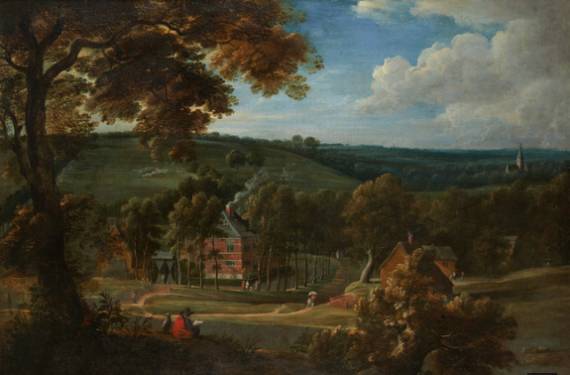 Rolling Landscape with a View of a Village Surrounded by Trees