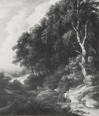 Wooded Landscape with Peasant and his Dog resting on Path by Stream