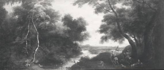 Wooded River Landscape with Hunters and Ducks