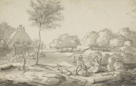 A Family Resting in the Open opposite a Farmhouse