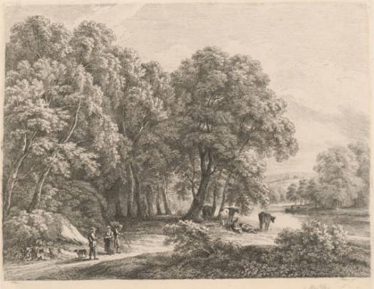 Cattle and Figures with a River at Right