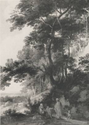 An Extensive Wooded Landscape with a Peasant Family Resting on a Path