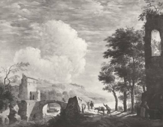 Rocky Italianate Wooded Landscape with Peasants by a Bridge