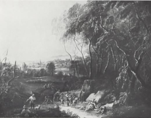 Wooded Hilly Landscape with Many People