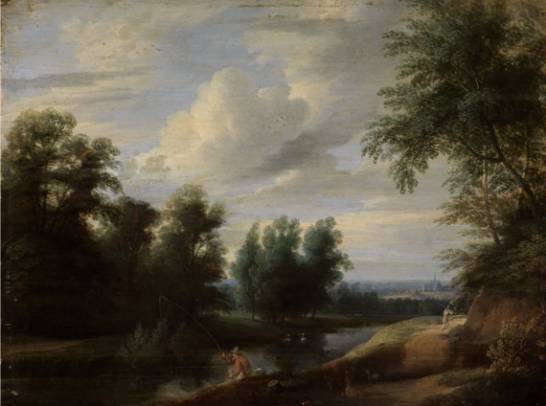 Wooded River Landscape with a Fisherman