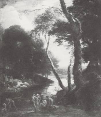 A Wooded River Landscape with Figures Bathing