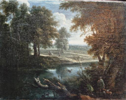 Wooded River Landscape with Hunters