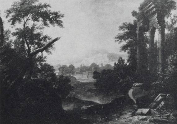 Wooded Landscape with View of a Town and Figures at the Foot of Ruins