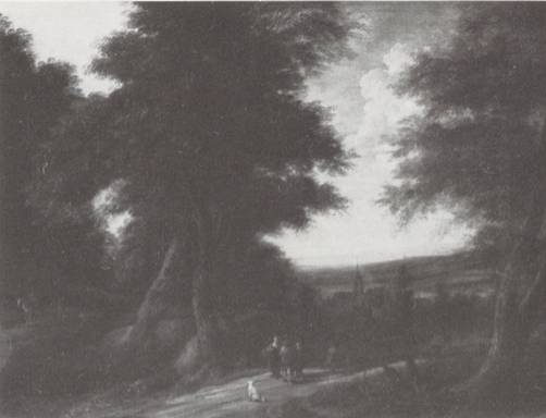 An Extensive Wooded Landscape with Peasants on a Path, a Village beyond