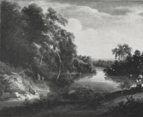 Animated Landscape with a Track Climbing at the Edge of a Wood and Lake with Fishermen