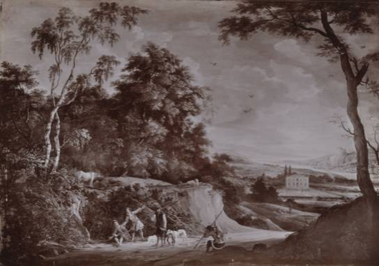 Wooded Landscape with Figures in a Sunken Road and a Castle in the Distance