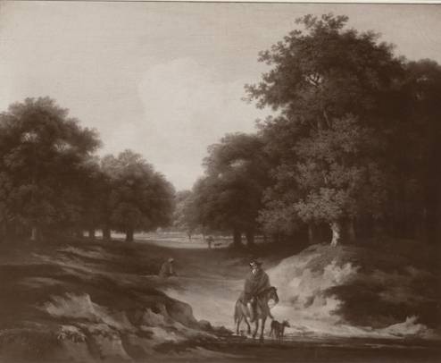 Wooded Landscape with Rider and Dog